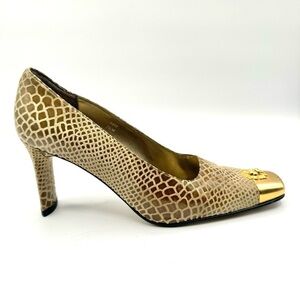 VINTAGE RAQUEL’S ANIMAL PRINT GREEN LEATHER HEEL SQUARE TOE GOLD MEDUSA HEAD 7.5